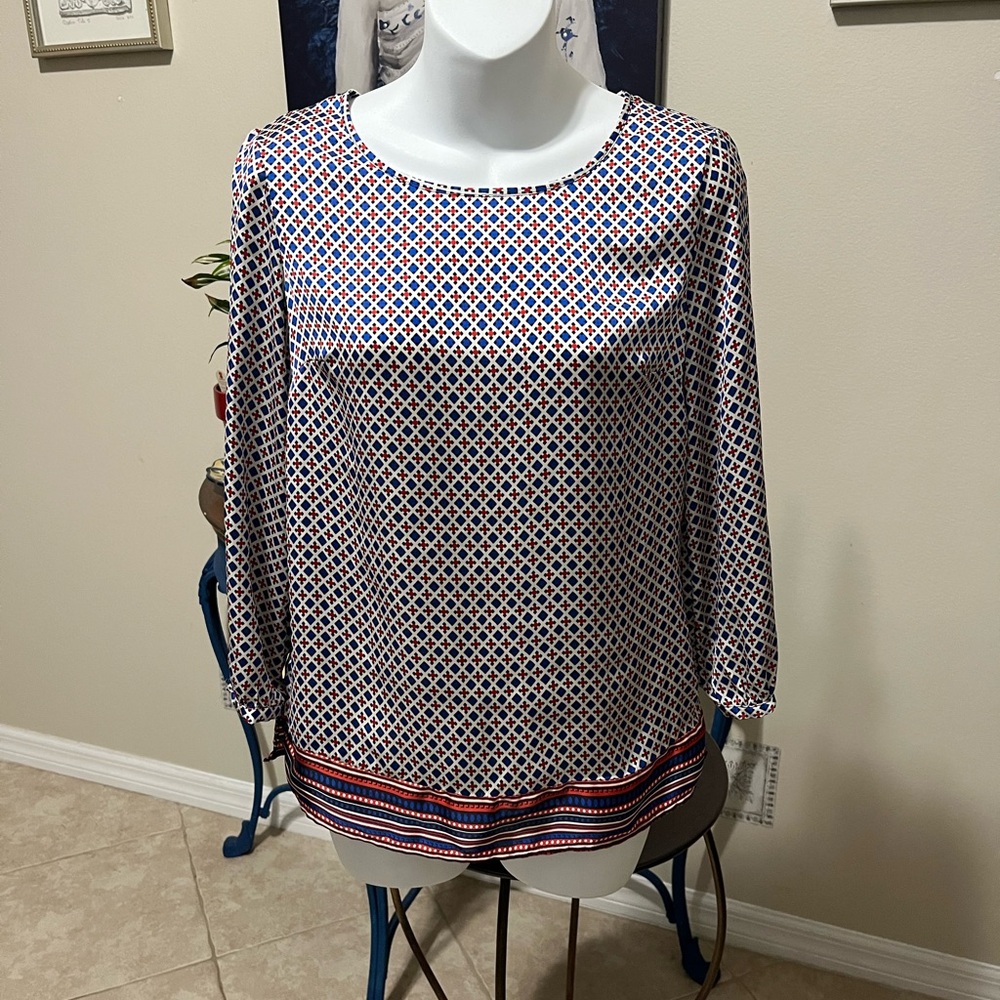 Merona 3/4 Sleeve Red White Blue Top XS